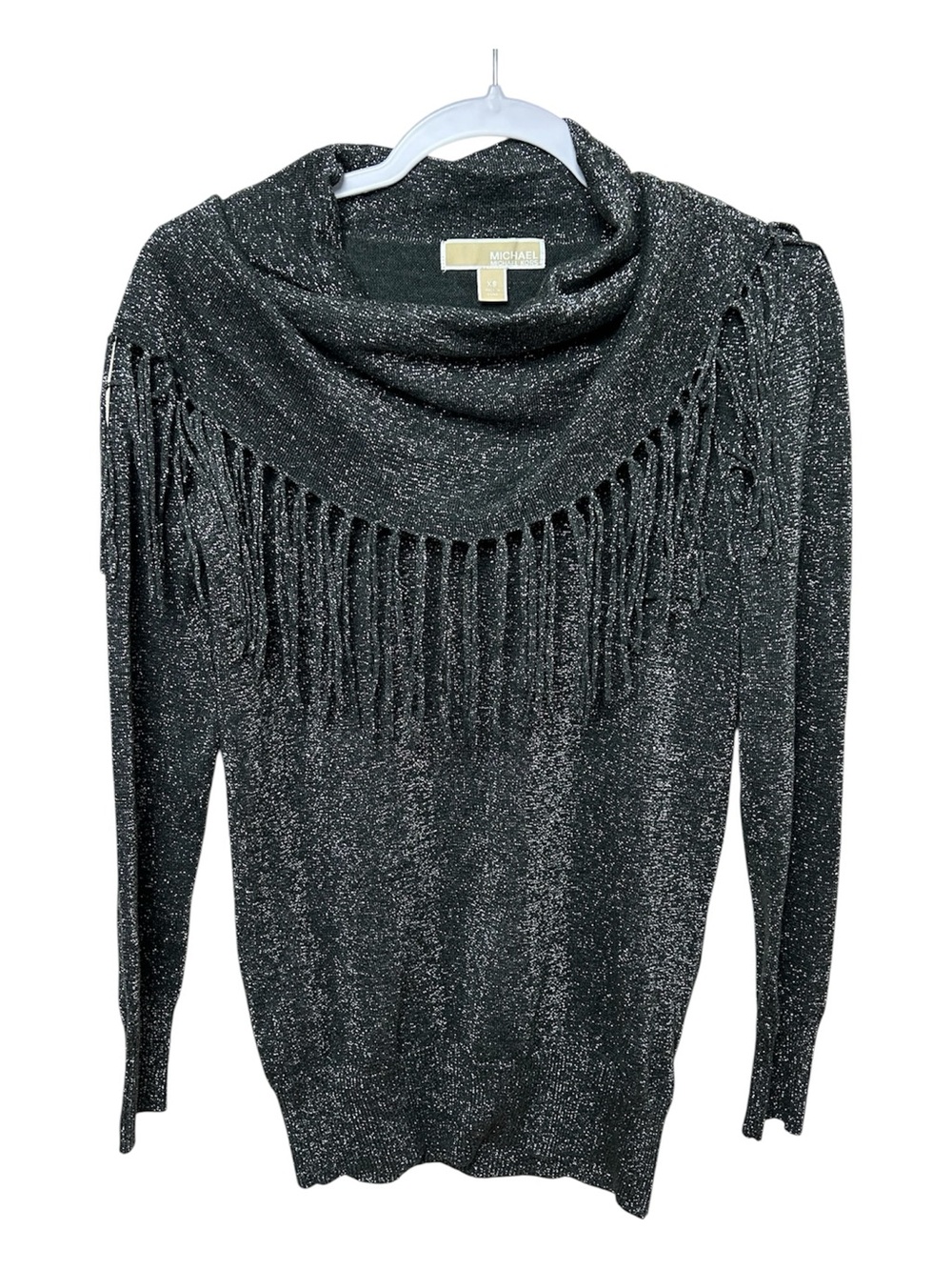 MICHAEL Michael Kors Black Sparkle Fringe Off-Shoulder Sweater